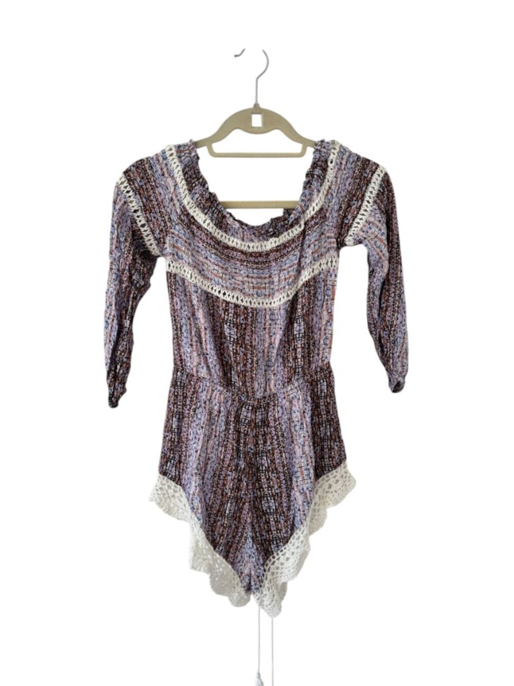 LF - colorful bohemian romper with intricate white crochet lace trim Sz S